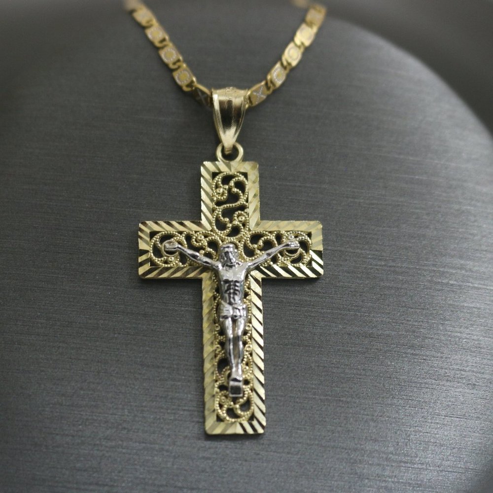 14kt Yellow Gold Two-tone Jesus Cross Pendant with 14kt Solid XO Chain